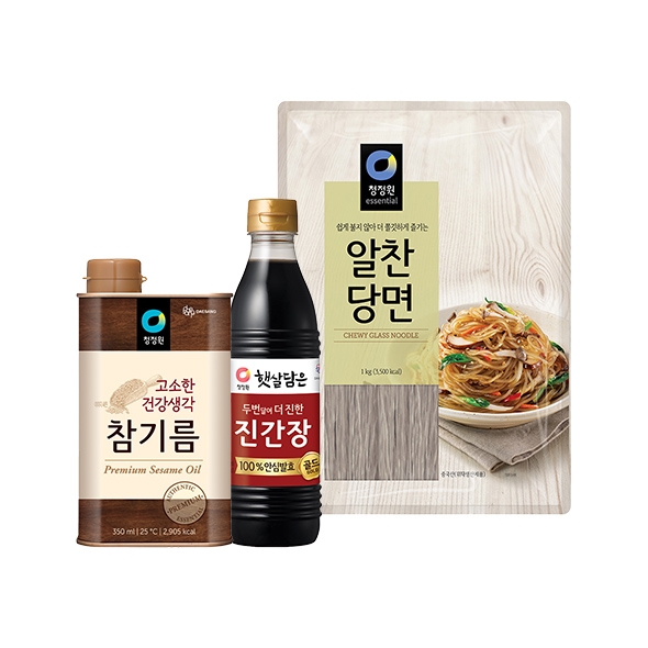 [명절식품] 청정원 잡채 필수 3종 세트 (진간장골드500ml+참기름350ml+알찬당면1kg)