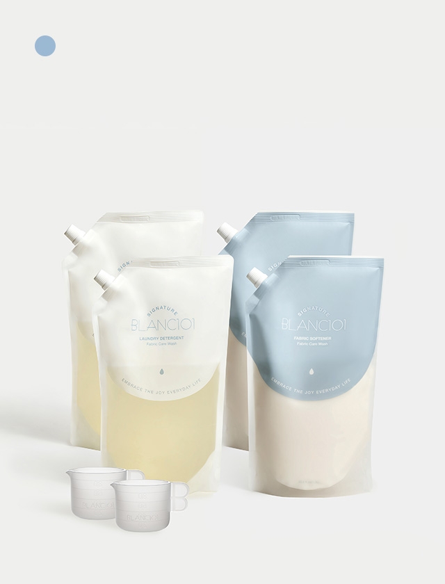 1L 리필 세제 2개+유연제 2개 시그니처 세트 1Box+100ml 실리콘 계량컵 2개