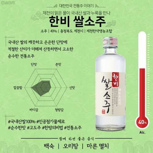 술마켓 제천한약 한비 쌀 소주 40도 375ml 증류식소주