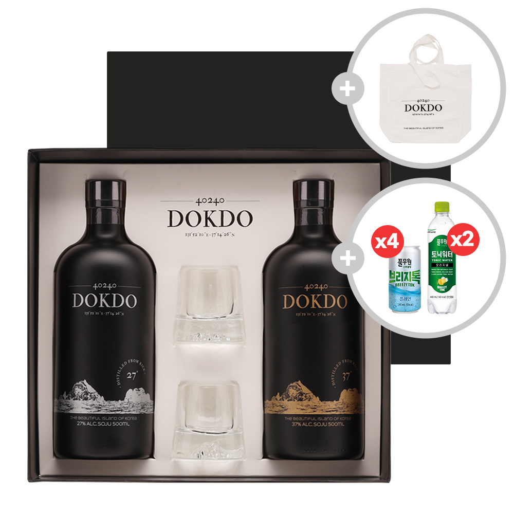 술마켓 독도소주 선물세트 500ml 2병_27도 37도 독도샷잔2P 에코백+캐나다드라이8캔세트 증정