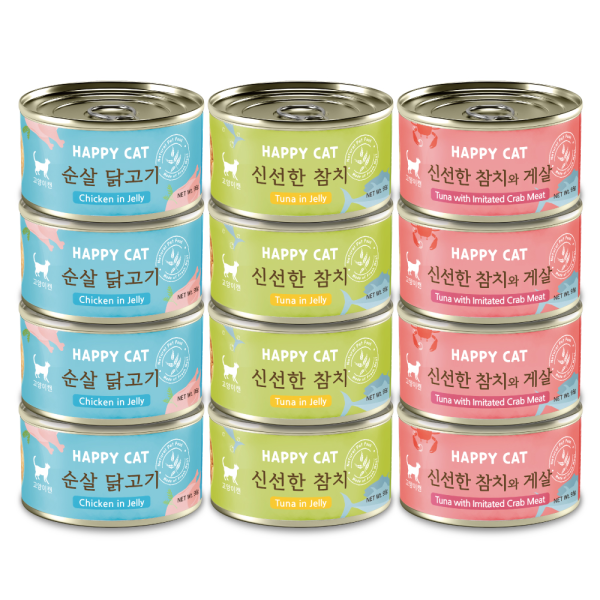 해피캣 고양이간식 애묘캔 3종 혼합세트 12캔 (닭고기/참치/게살)