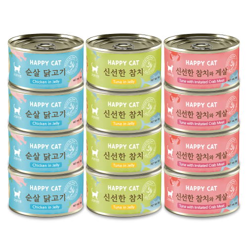 해피캣 고양이간식 애묘캔 3종 혼합세트 12캔 (닭고기/참치/게살)