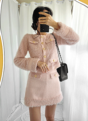 크러쉬 트위드 퍼 가디건 자켓