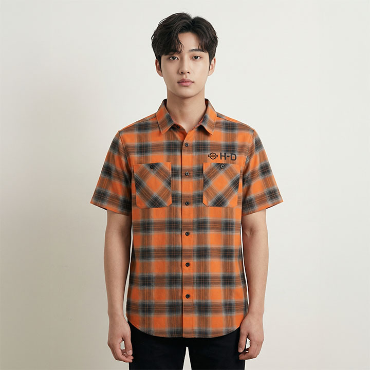 남성 H-D 테크 벤티드 체크 반팔 셔츠 ORANGE