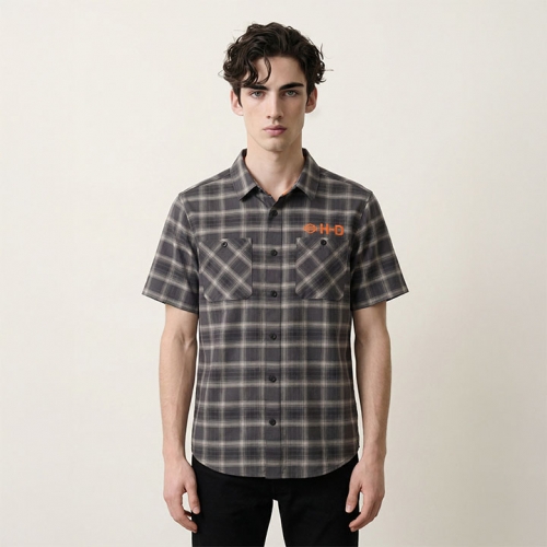 남성 H-D 테크 벤티드 체크 반팔 셔츠 BLACK