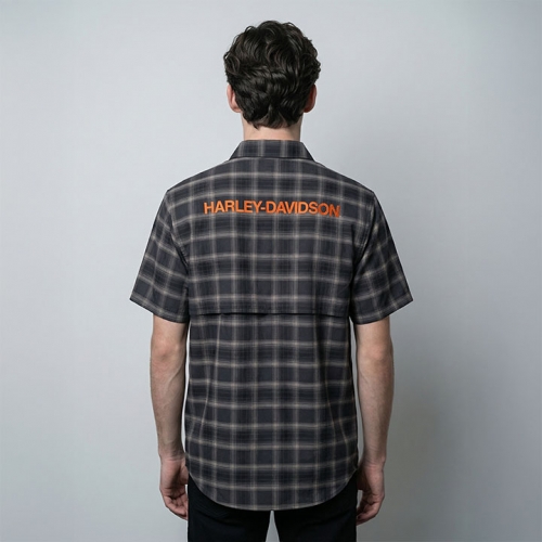 남성 H-D 테크 벤티드 체크 반팔 셔츠 BLACK
