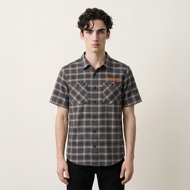 남성 H-D 테크 벤티드 체크 반팔 셔츠 BLACK