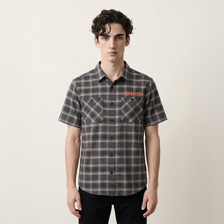 남성 H-D 테크 벤티드 체크 반팔 셔츠 BLACK