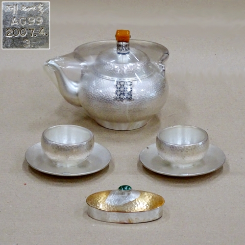 금속공예가 최인숙 작품 - 순은99% 주전자세트(비취,호박) (15593)