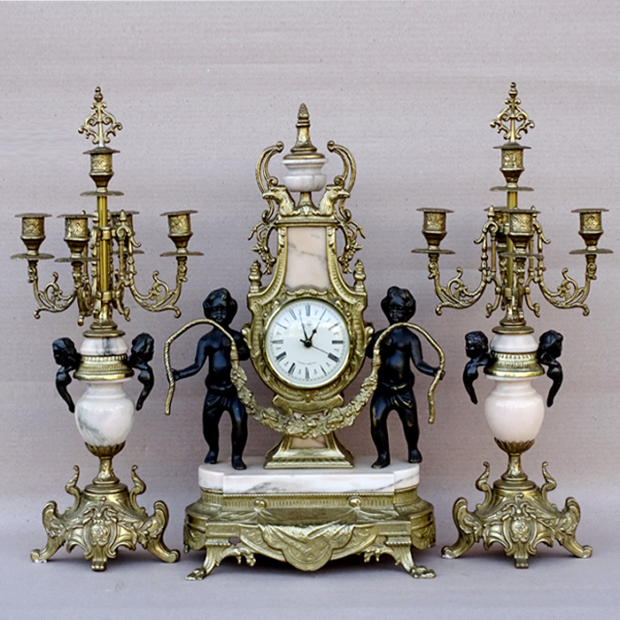 앤틱 브론즈 대리석 전자식시계 & 촛대세트 (17265)