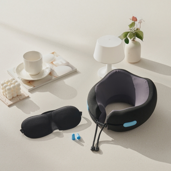 고급형 여행용 메모리폼 목베개 + 수면안대 + 귀마개 + 파우치 세트