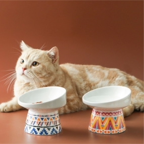 [힘을내요 집사] 강아지 고양이 밥그릇 경사형 인디언 도자기 식기 2color