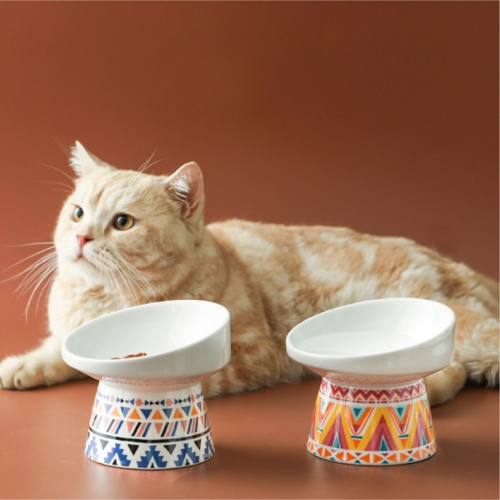 [힘을내요 집사] 강아지 고양이 밥그릇 경사형 인디언 도자기 식기 2color